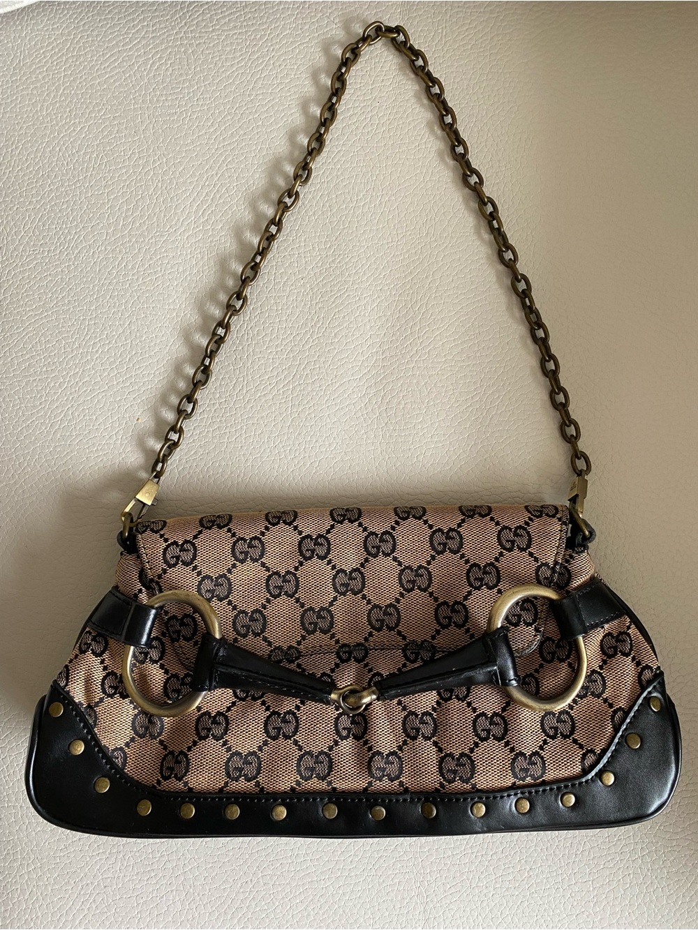 Gucci Beige Monogram Horsebit Shoulder Bag with Black Trim